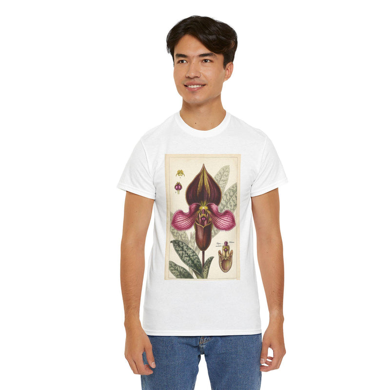 Vintage Botanical Orchid Illustration Paphiopedilum rungsuriyanum | Lady's Slipper Floral Shirt