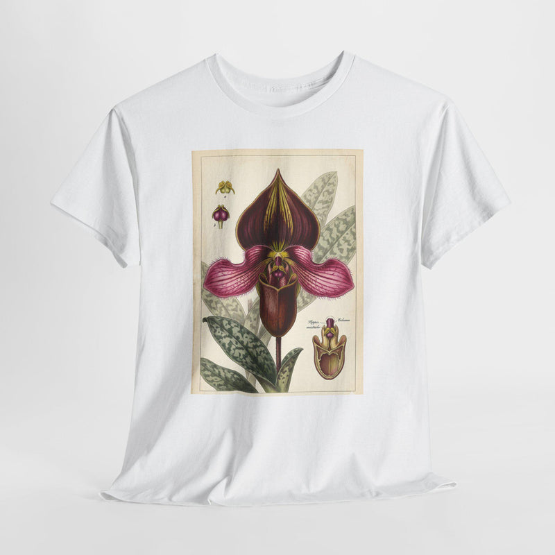 Vintage Botanical Orchid Illustration Paphiopedilum rungsuriyanum | Lady's Slipper Floral Shirt