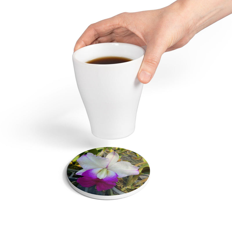 Purple and White Orchid Ceramic Coaster | Floral Plant Photography Cattleya Pink-Purple white