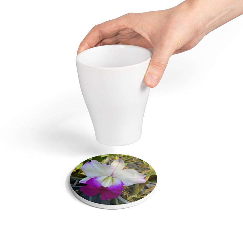 Purple and White Orchid Ceramic Coaster | Floral Plant Photography Cattleya Pink-Purple white