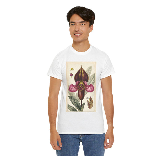 Vintage Botanical Orchid Illustration Paphiopedilum rungsuriyanum | Lady's Slipper Floral Shirt