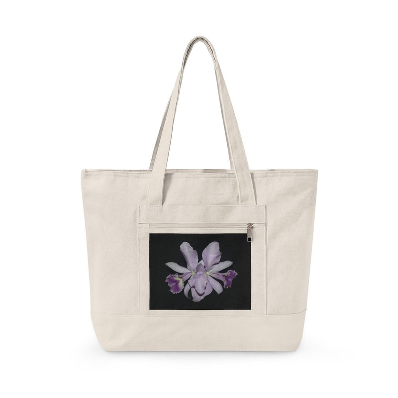 Canvas Tote Bag  Purple Orchid Floral Zippered Tote Cattleya flower